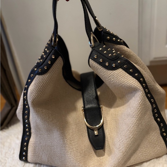 Handbags - Gucci Studded Raffia and Black leather Stirrup Tote Bag